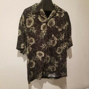 Half Moon Bay Mens Floral Camp Shirt Large Brown Button Up Short Sleeve Rayon